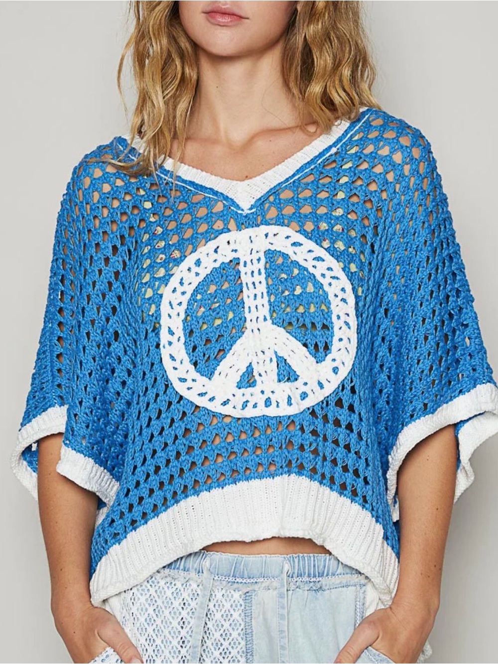 Open Crochet Oversized Peace Sign Sweater - POL - size L NIP